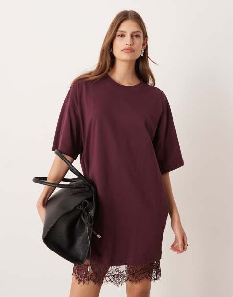 ASOS DESIGN oversized mini dress with lace hem trim in fig - view 1