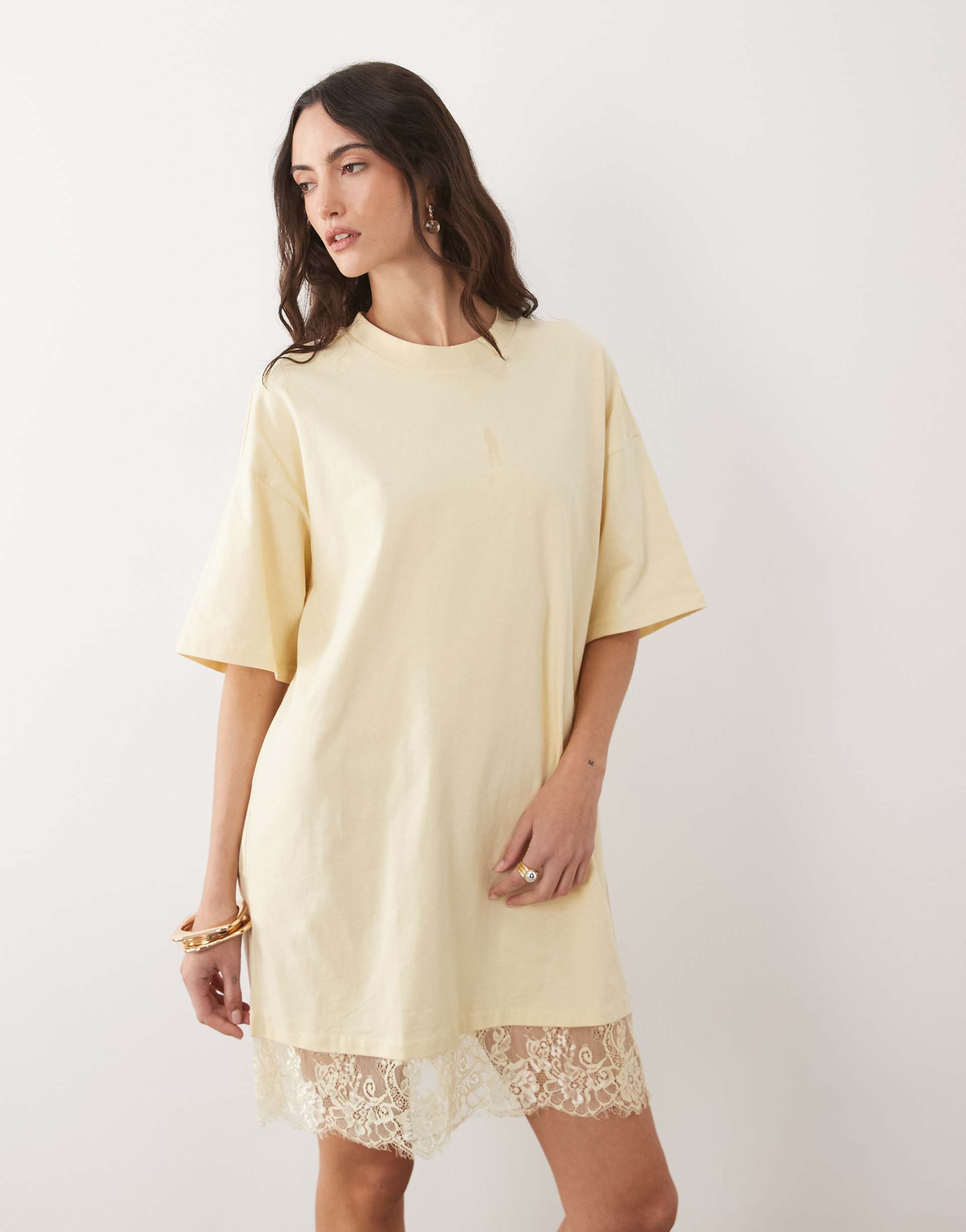 asos design oversized mini dress with lace hem trim in pastel yellow