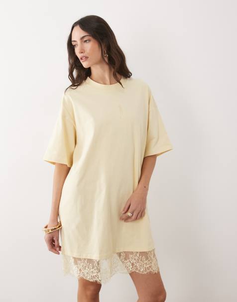 ASOS DESIGN oversized mini dress with lace hem trim in pastel yellow