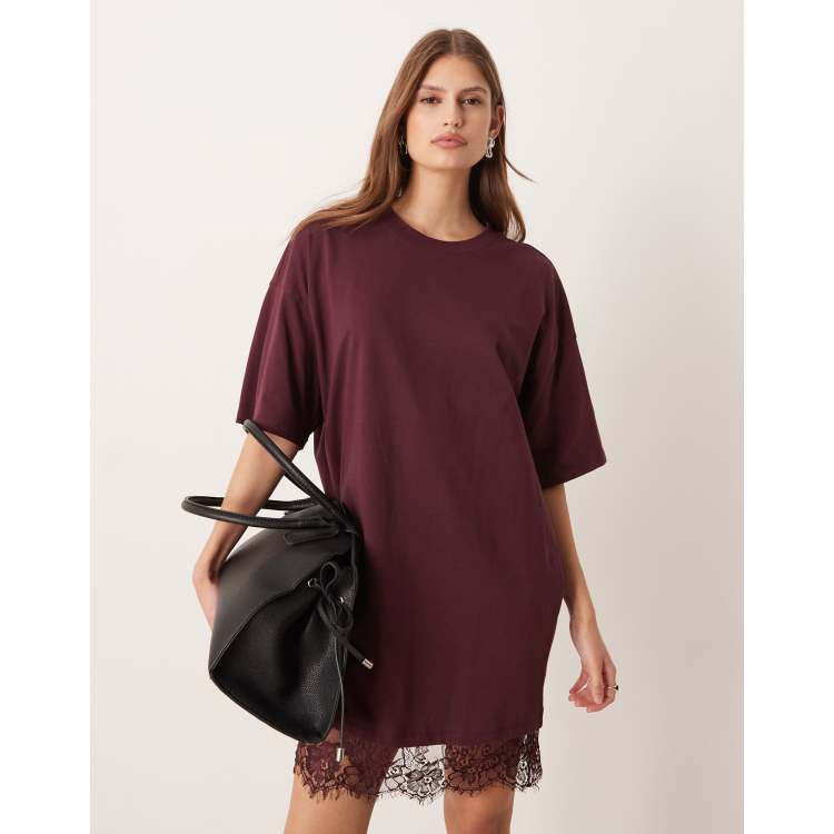 ASOS Design oversized mini dress with lace trim hem in fig-Purple