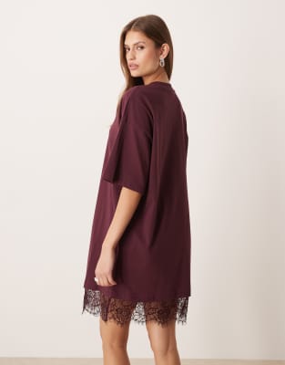 Asos Design Oversized Mini Dress With Lace Trim Hem In Burgundy