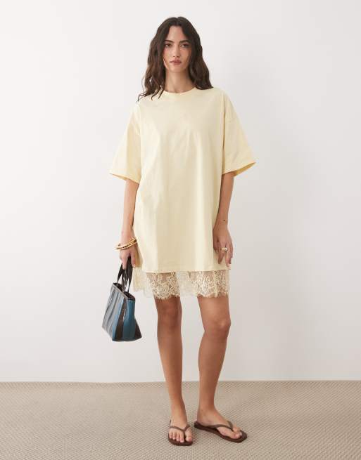 ASOS DESIGN - Oversized mini jurk met kanten zoom in pastelgeel, 2 van 4