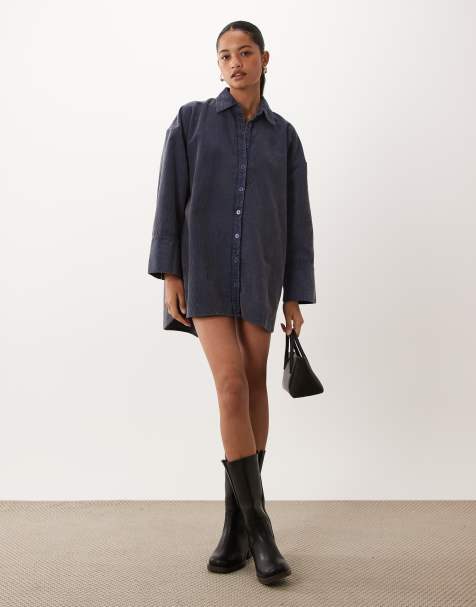 ASOS DESIGN oversized mini overhemdjurk van cord in denimblauw met wassing - view 1