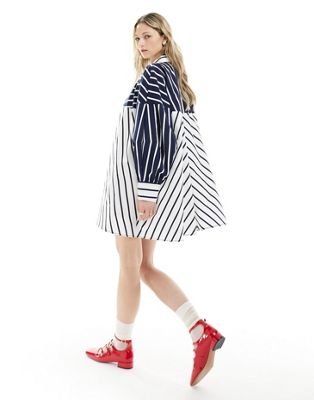 Asos Design Oversized Mini Shirt Dress In Navy Two Tone Stripe-multi