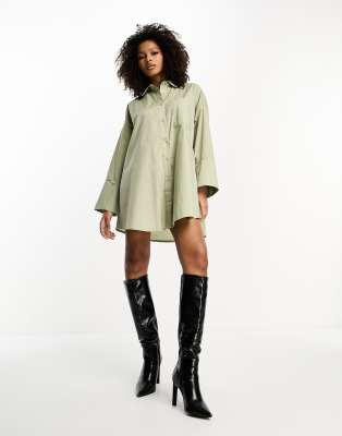 ASOS DESIGN oversized mini shirt dress with large cuffs in sage green 