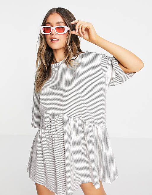 ASOS DESIGN oversized mini smock dress with dropped waist in black and white stripe