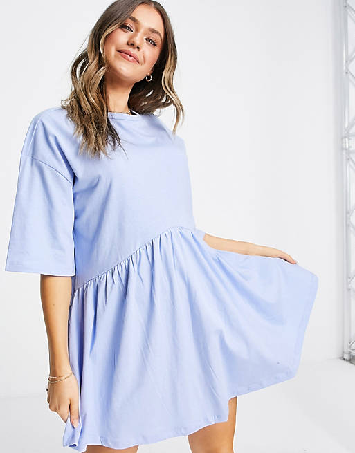 Women oversized mini smock dress with dropped waist in chambray blue 