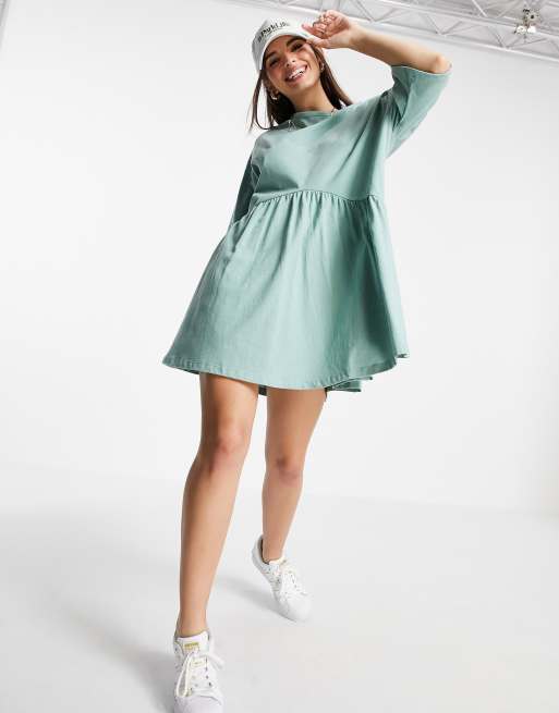 ASOS DESIGN oversized mini smock dress with dropped waist in sage green |  ASOS