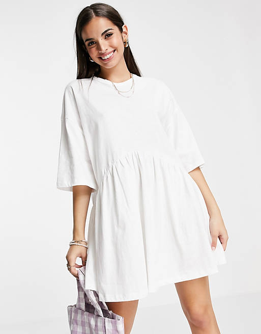 Women oversized mini smock dress with dropped waist in white 