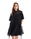 [ASOS DESIGN] ASOS DESIGN oversized mini smock dress with ruched channel details in black 10 BLACK