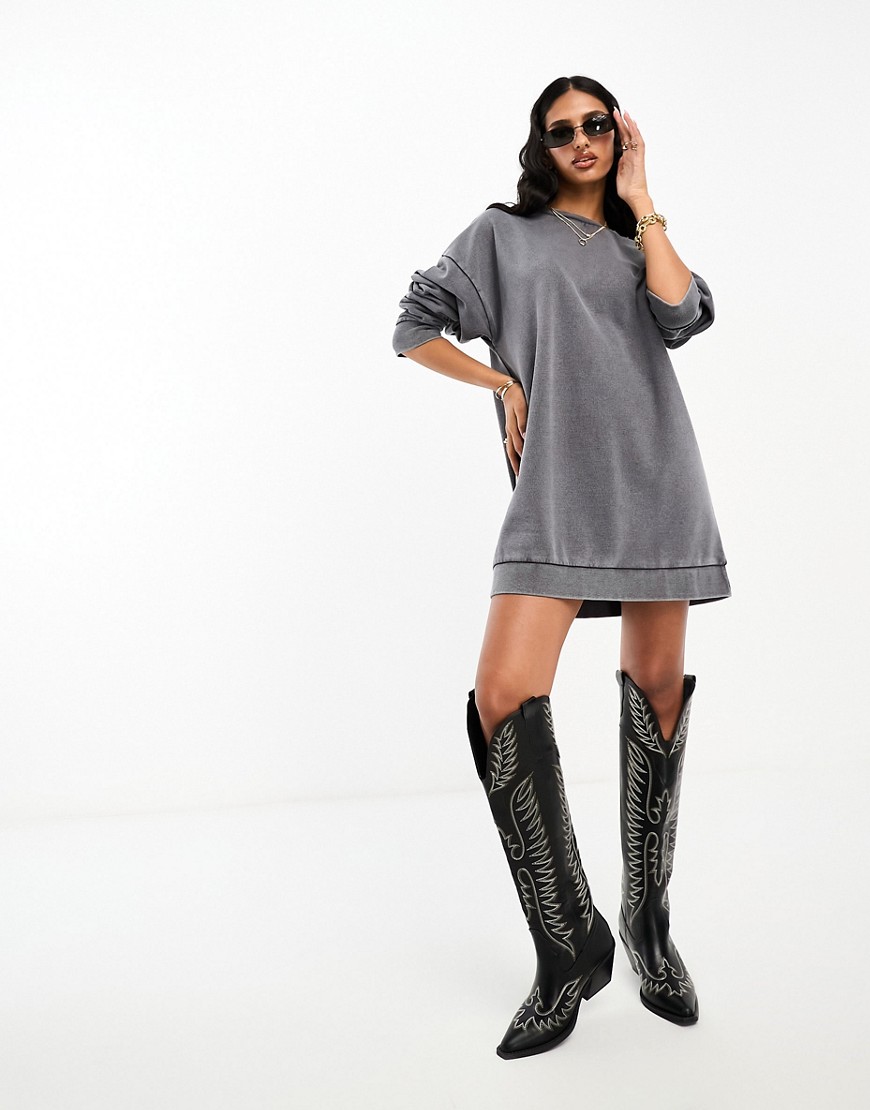 ASOS DESIGN oversized mini sweatshirt dress in acid wash charcoal-Grey