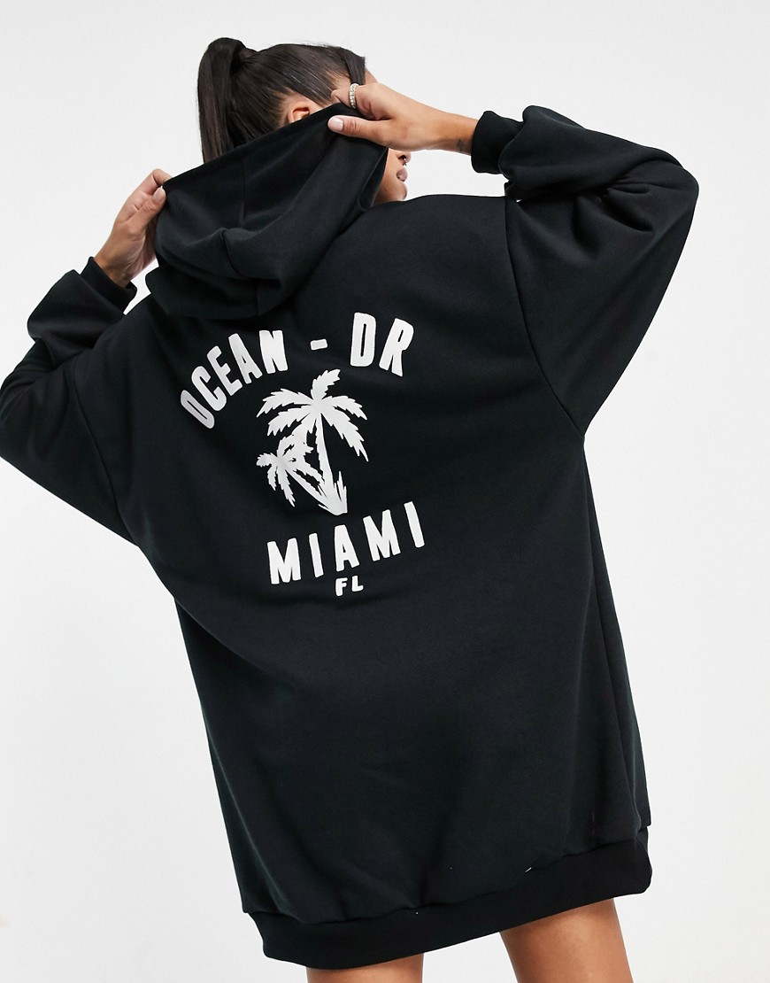 ASOS DESIGN oversized mini sweatshirt hoodie dress in black with ocean drive miami print