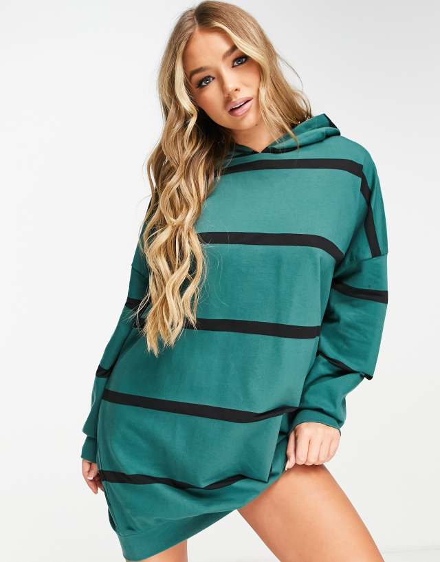 ASOS DESIGN oversized mini sweatshirt hoodie dress in khaki and black stripe