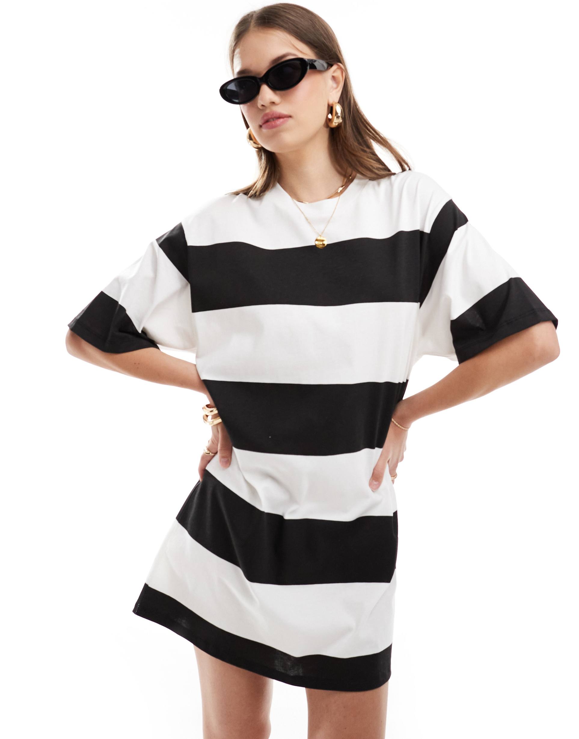 asos design oversized mini t-shirt dress in white and black stripe