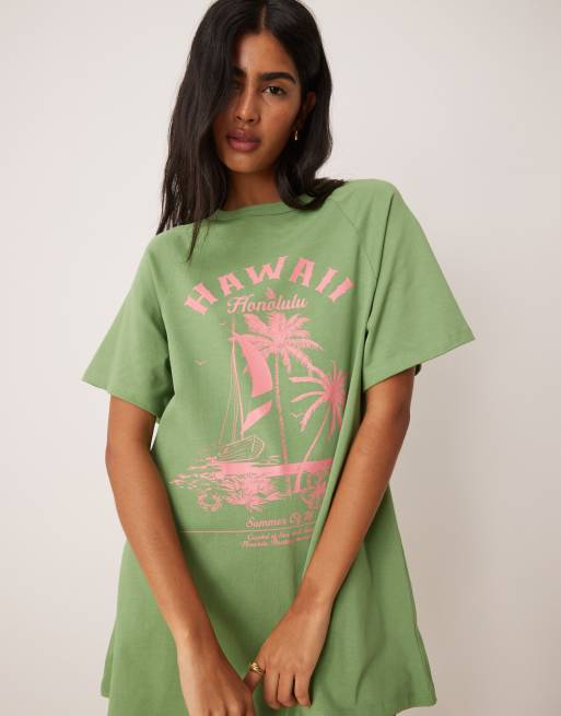 ASOS DESIGN - Oversized mini T-shirt jurk met Hawaii print in groen, 3 van 4