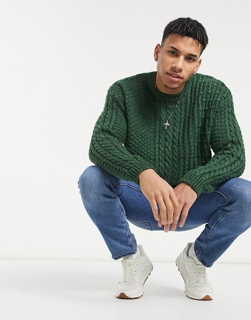 ASOS DESIGN oversized mixed cable knit jumper in forest green