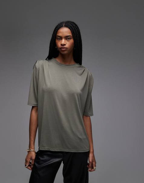 ASOS DESIGN oversized modal tee with shoulder pad detail in khaki - view 1