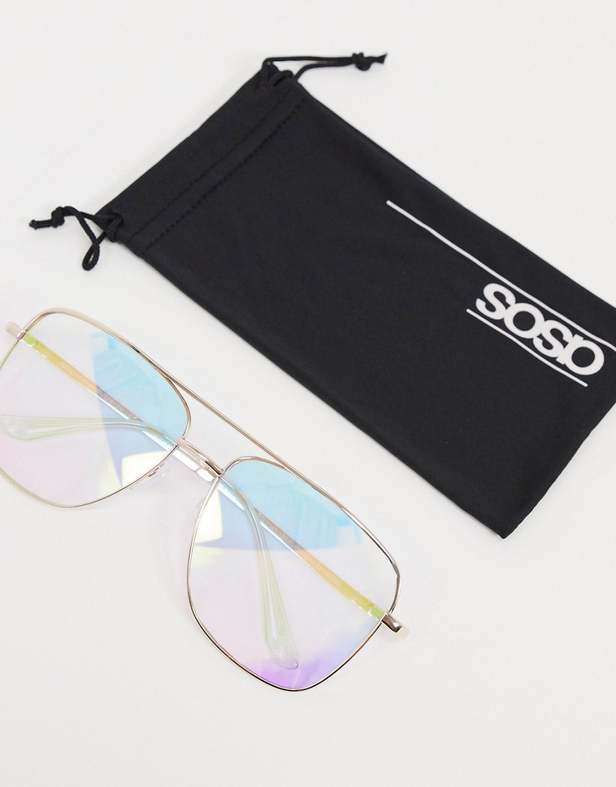 ASOS DESIGN - Oversized modieuze pilotenbril met spiegelglazen in regenboogkleuren in goud