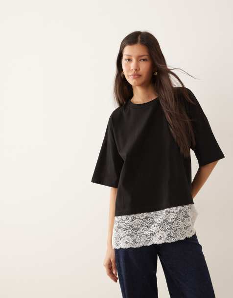 ASOS DESIGN oversized monochrome tee with deep lace hem trim underlayer in black - view 1