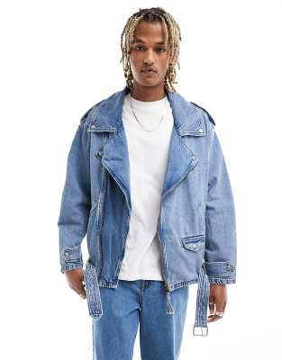 oversized moto jacket in mid wash blue