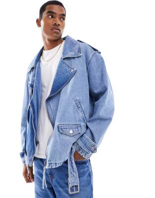 Asos Design Oversized Moto Jacket In Mid Wash Blue