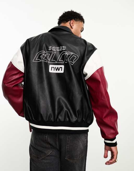 ASOS DESIGN oversized varsity jacket in red with badges