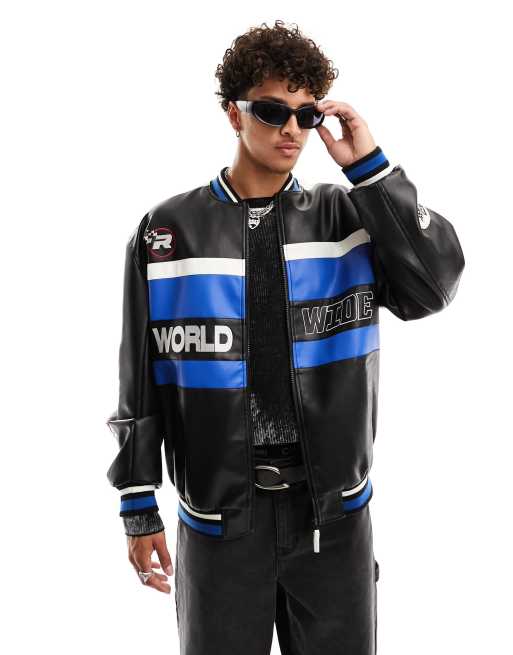 ASOS DESIGN oversized motocross bomber jacket in faux leather in black