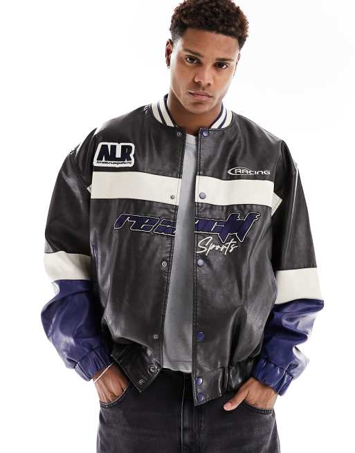 ASOS DESIGN - Oversized motocross-bomberjack van imitatieleer in zwarte wassing