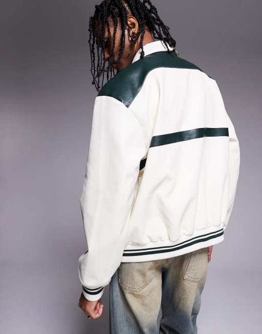 ASOS DESIGN oversized motocross faux leather jacket in ecru