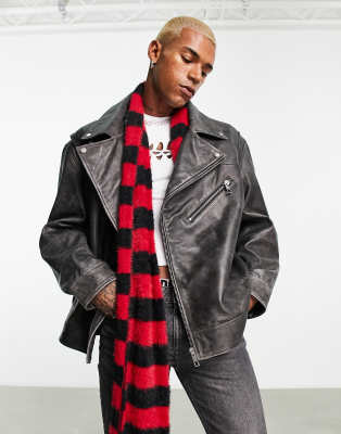 ASOS DESIGN – Oversized-Motorradjacke aus echtem Leder in Vintage-Schwarz |  ASOS