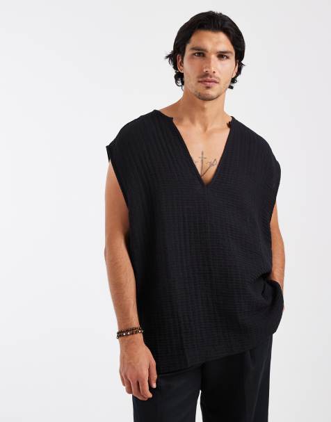 ASOS DESIGN - Oversized mouwloos overhemd van kaasdoek in zwart - view 1