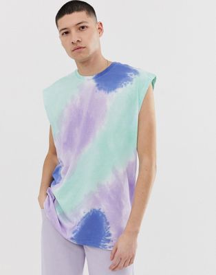 ASOS DESIGN - Oversized mouwloos pastel tie-dye T-shirt in blauw