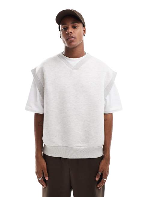 ASOS DESIGN - Oversized mouwloos sweatshirt van scubastof met V-hals in gemêleerd grijs
