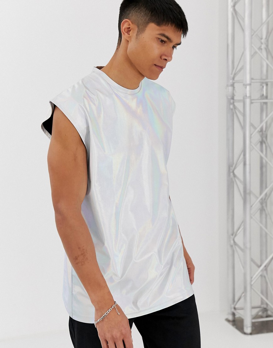 ASOS DESIGN - Oversized mouwloos T-shirt in iriserend metallic-Zilver