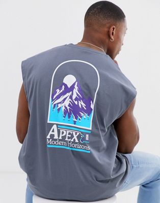 ASOS DESIGN - Oversized mouwloos T-shirt met bergprint op de achterkant-Grijs