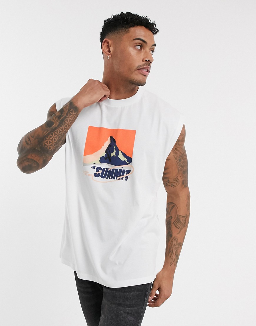 ASOS DESIGN - Oversized mouwloos T-shirt met bergprint op de voorkant-Wit