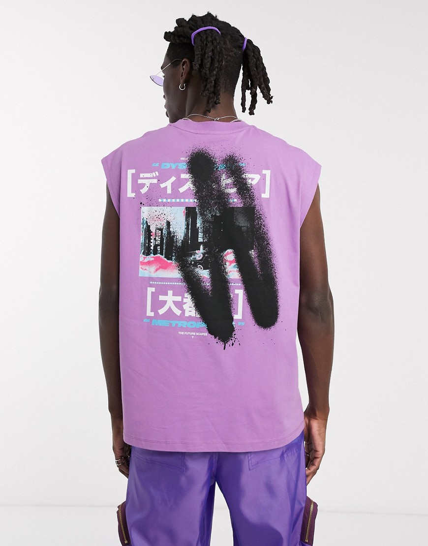 ASOS DESIGN - Oversized mouwloos T-shirt met graffitiprint op de voor- en achterkant-Paars