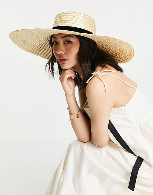 ASOS DESIGN oversized natural straw boater with undertie and size adjuster in natural