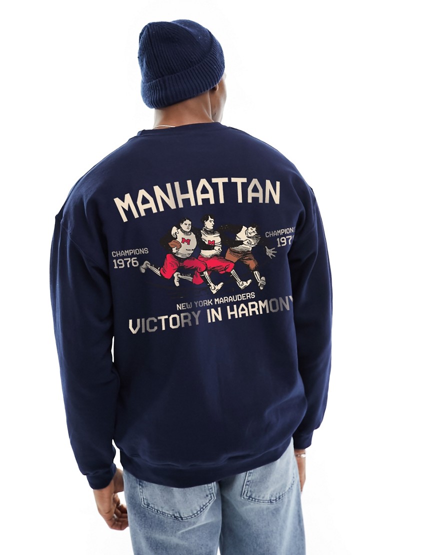 ASOS DESIGN oversized navy sweatshirt with Manhattan running prints