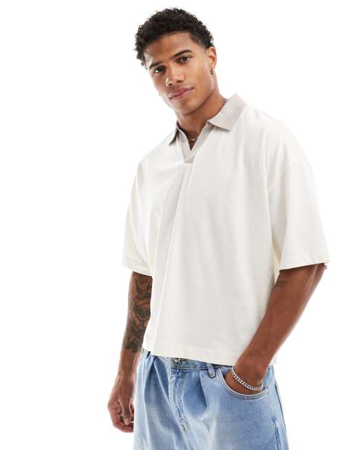 ASOS DESIGN - Oversized, neutralfarvet og langærmet poloskjorte med firkantet pasform
