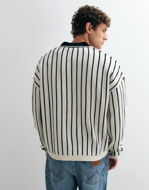 ASOS DESIGN oversized notch neck polo in ecru and navy with graphic print, 2 of 5