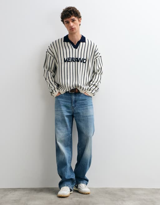 ASOS DESIGN oversized notch neck polo in ecru and navy with graphic print, 3 of 5