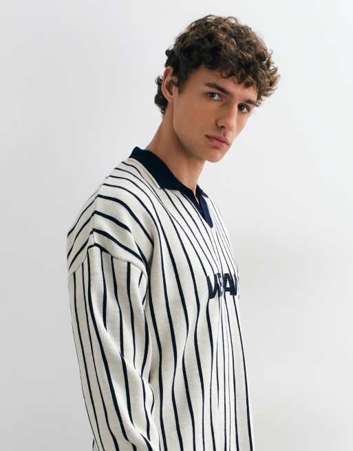 ASOS DESIGN oversized notch neck polo in ecru and navy with graphic print, 4 of 5
