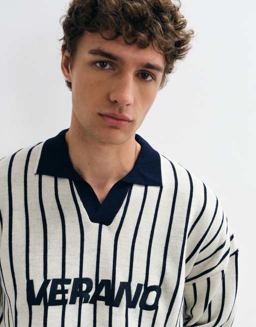 ASOS DESIGN oversized notch neck polo in ecru and navy with graphic print, 5 of 5