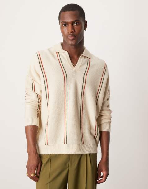ASOS DESIGN oversized  notch neck stripe polo in stone  - view 1