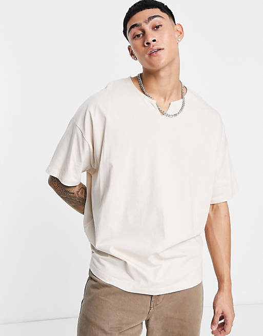 ASOS DESIGN oversized notch neck t-shirt in beige | ASOS