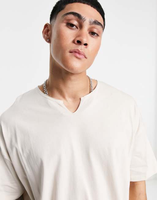 ASOS DESIGN oversized notch neck t-shirt in beige