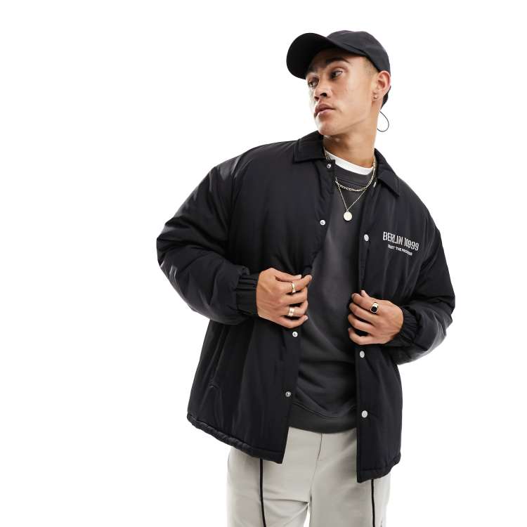 ASOS DESIGN oversized nylon coach jacket with back print in black and white