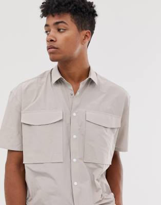 ASOS DESIGN oversized nylon shirt with utility pockets in grey | ASOS