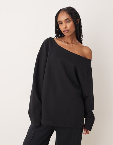 ASOS DESIGN  oversized off shoulder interlock sweatshirt in black - view 1